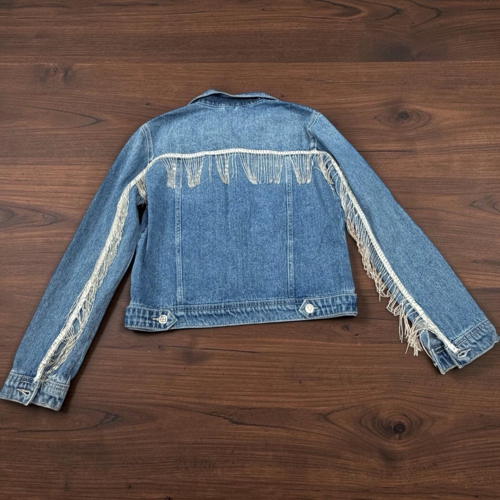 Stradivarius Womens M Denim Jacket Beaded Fringe Western Cowgirl Festival Blue